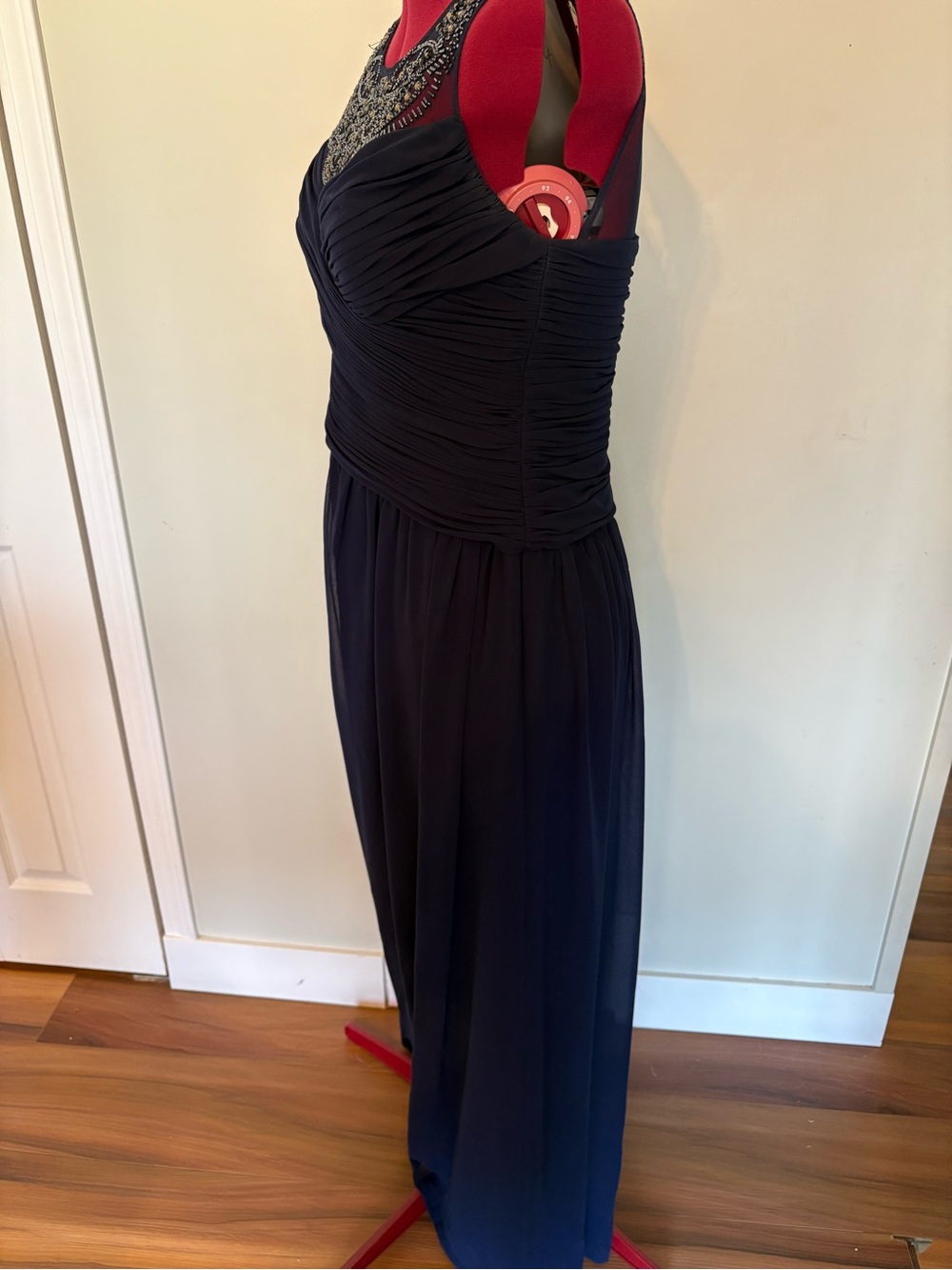 Le Chateau Navy Blue Ruched Chiffon Maxi Dress Beaded Illusion Neck 8 - Picture 16 of 16